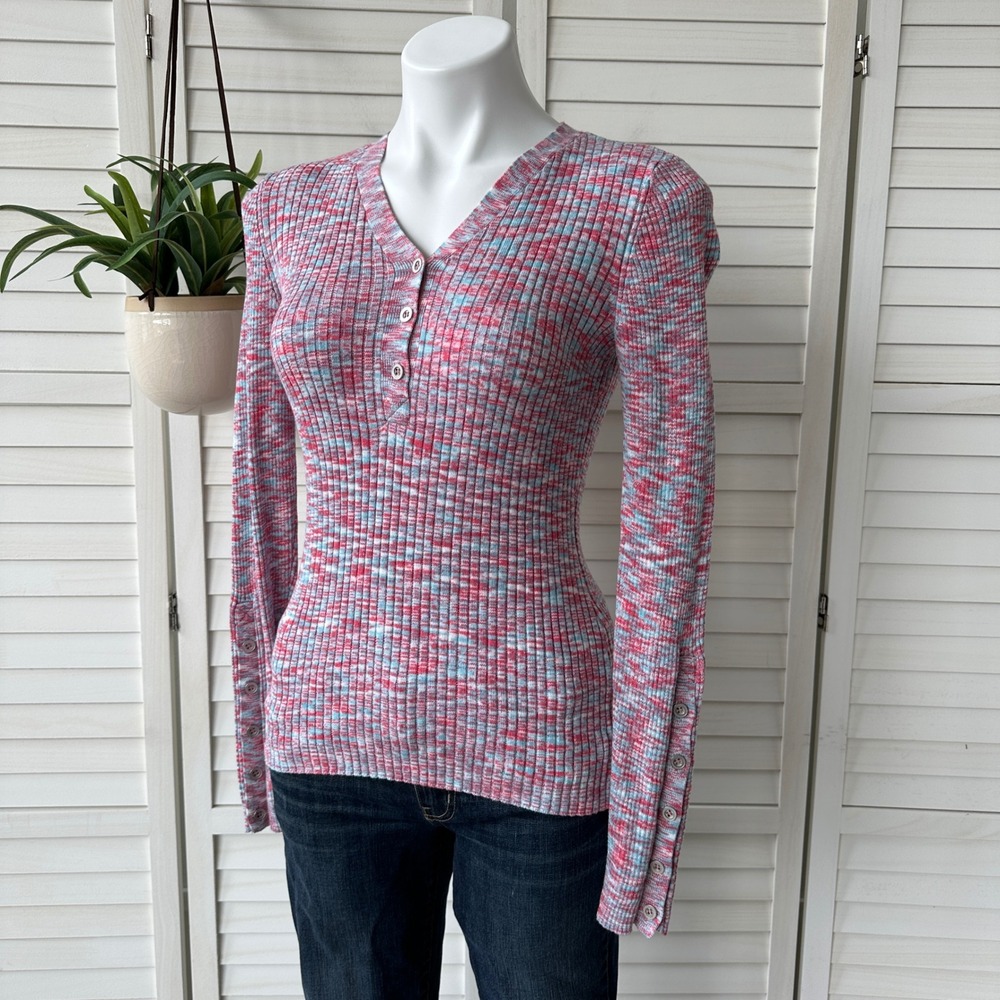 Sundance Living Legend Ribbed Henley Top Pink Blue V Neck Long Sleeve‎ Size S